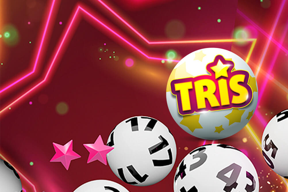 Fondo de neón estrellado con bolas de lotería debajo y el logotipo de Tris a la derecha